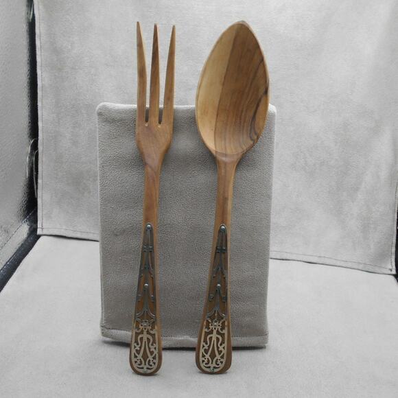 Wooden Salad Serving Fork and Spoon Set with Silver Embellishments Vintage MCM - Picture 2 of 7